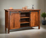 Amish Farmhouse Buffet w/ Adjustable Shelves
-Hardware: 55276-BBR Pull
-1 Adjustable Wood Shelf (Behind each door)
-2 Adjustable Wood Shelves (In middle section)
-1 Hidden Drawer (Behind each door)
