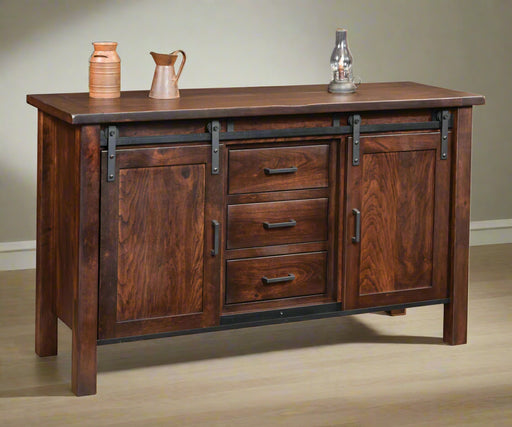 Amish Farmhouse Buffet w/ Drawers
Hardware: 55276-BBR Pull
1 Adjustable Wood Shelf in Base (Behind each doors)