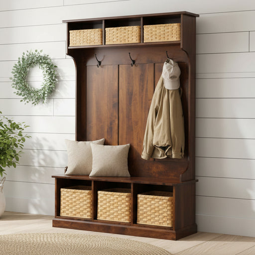Wooden hall tree with storage baskets and hooks on a white background
