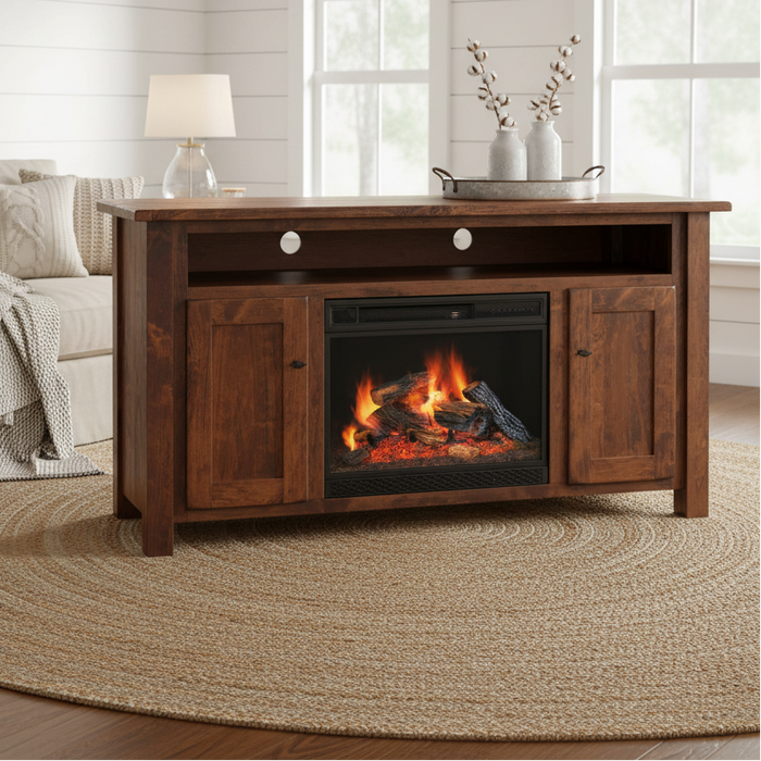 Amish Farmhouse Fireplace Tv Stand with Planked Top Ashery Oak