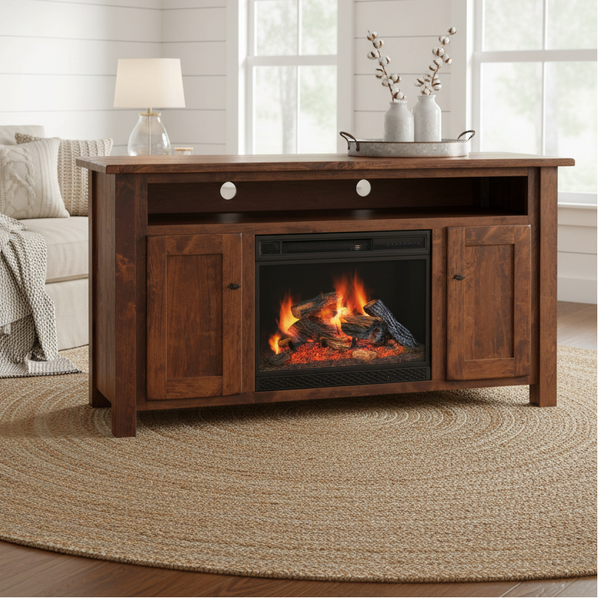 Amish Farmhouse Fireplace Tv Stand with Planked Top Ashery Oak