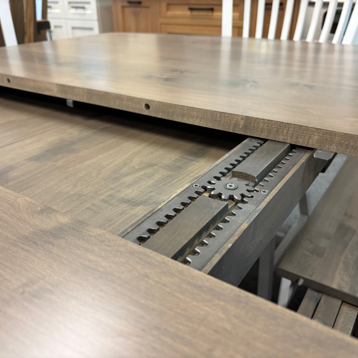 Amish Farmhouse Galveston Dining Set - Gears Close Up - Solid Brown Maple