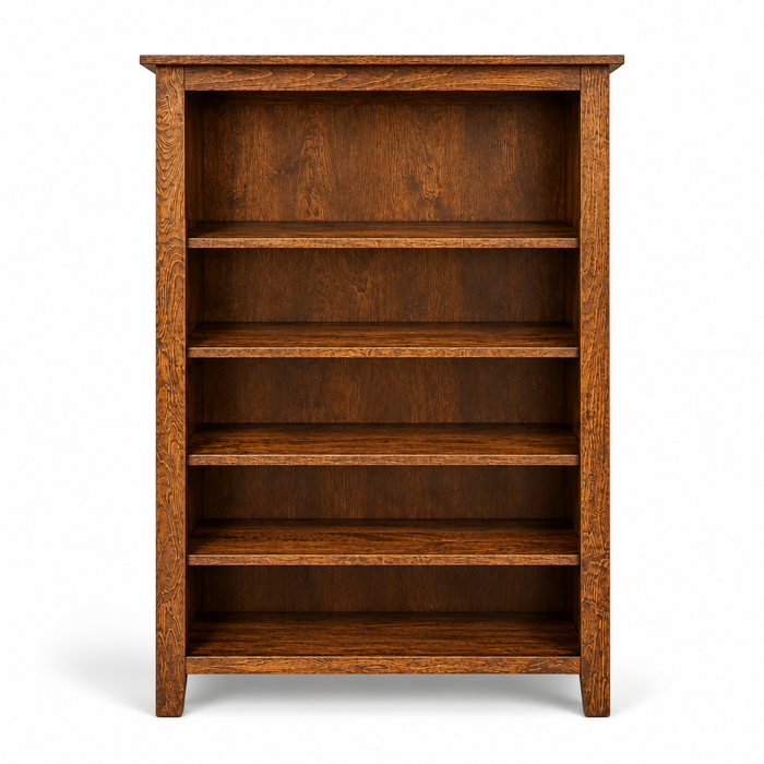 A four-shelf wooden bookcase with a warm medium-brown finish and visible wood grain, shown against a plain white background.