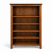 A four-shelf wooden bookcase with a warm medium-brown finish and visible wood grain, shown against a plain white background.