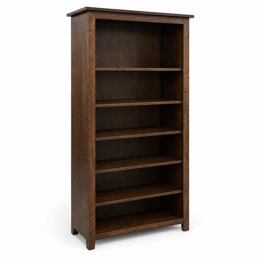 A tall, dark brown wooden bookcase with five open shelves, photographed in a furniture showroom next to other wood furniture pieces.