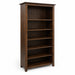 A tall, dark brown wooden bookcase with five open shelves, photographed in a furniture showroom next to other wood furniture pieces.