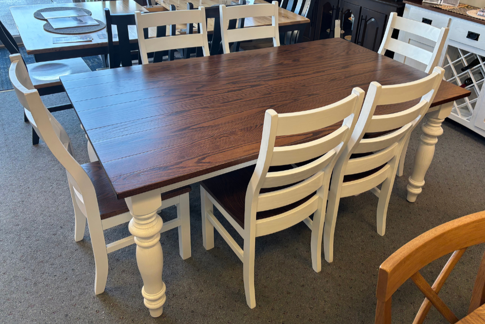 Amish Farmhouse Shreveport Leg Dining Set - Raven Chairs - Two-Toned - Solid Oak Dining Set - Painted White 2
