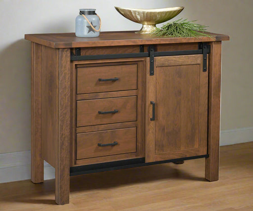 Amish Farmhouse Single Door Buffet
Hardware: 55276-BBR Pull
1 Adjustable Wood Shelf Behind the Door
Sliding Barn Door