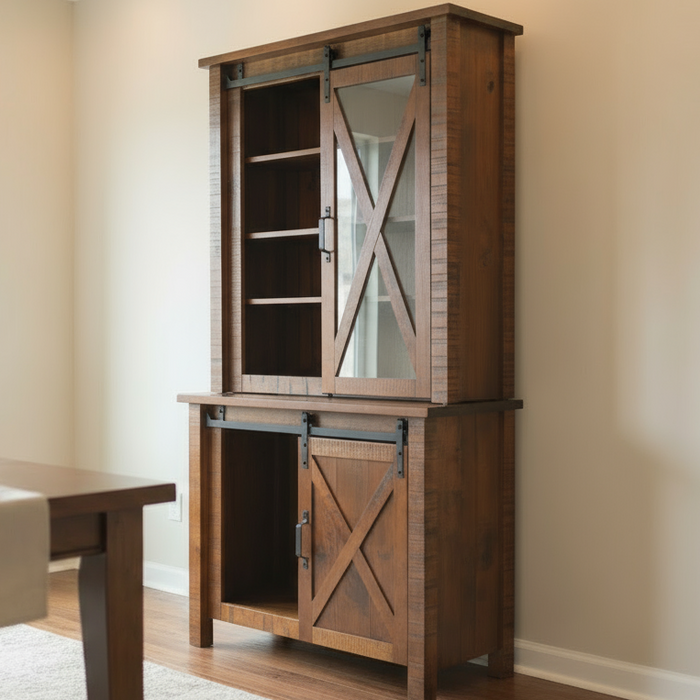 Amish Farmhouse Sliding Barn Door Hutch Rough Sawn Maple OCS-113 Michaels Stain with X in Door