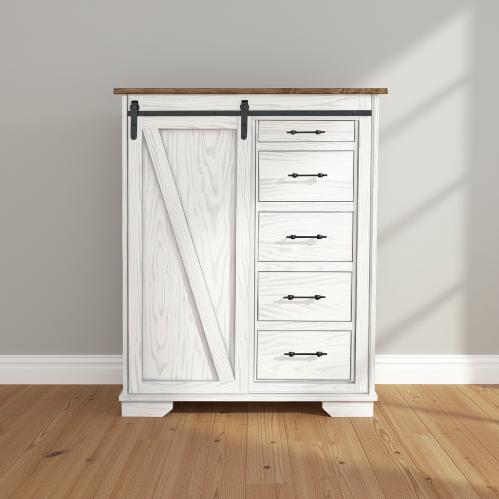 Farmhouse Sliding Door Armoire Painted White Solid Wood Oak Black Hardware
