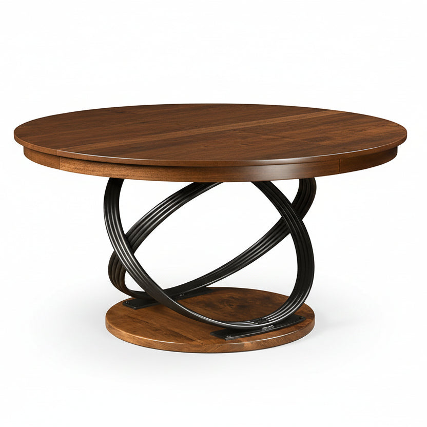Amish Findlay Single Pedestal Table - Round Amish Table - Metal Base Amish Table - Unique Metal Base Table - Amish Walnut Table - No Background