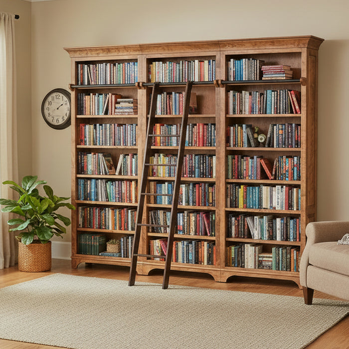 A large wooden bookcase with three tall central panels and a black metal ladder leaning against the middle section, shown on a plain white background.