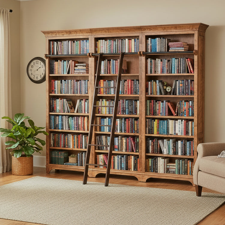 A large wooden bookcase with three tall central panels and a black metal ladder leaning against the middle section, shown on a plain white background.