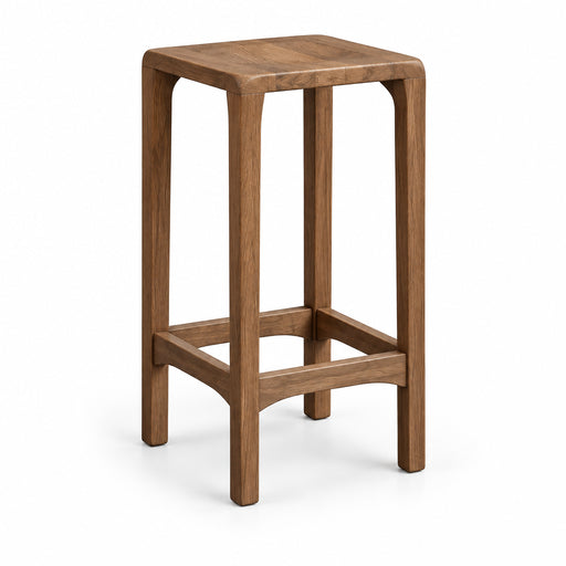 A modern square bar stool with a warm taupe-brown finish, featuring a thick seat, four legs, and a lower support crossbar, shown on a plain white background.