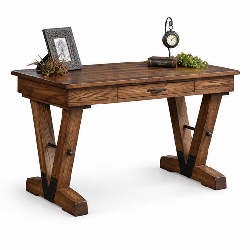 Wooden desk with a clock and decorative items on a white background