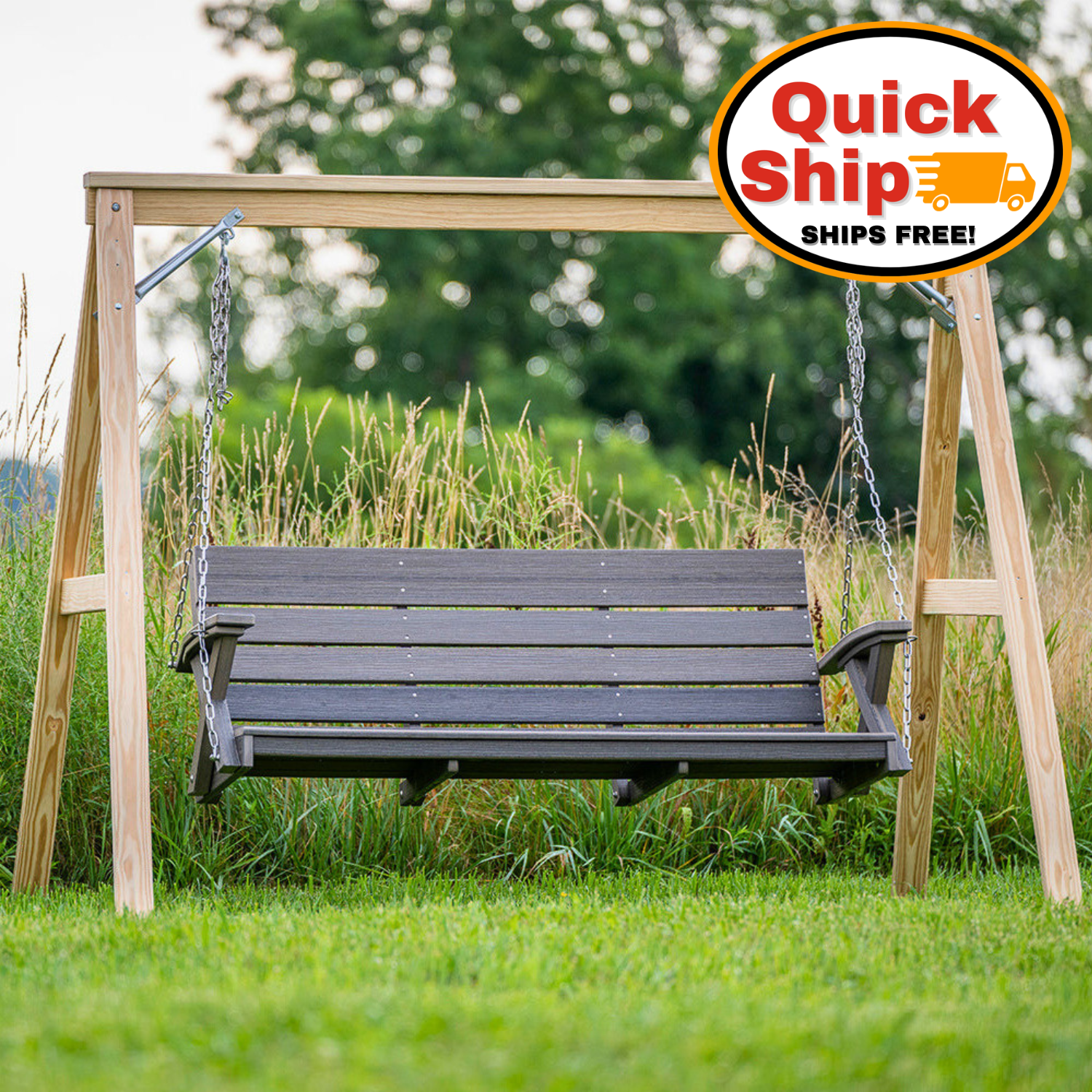 Amish Galaxy Poly Swing Coastal Grey Poly Hanging on Treated Lumber A-Frame