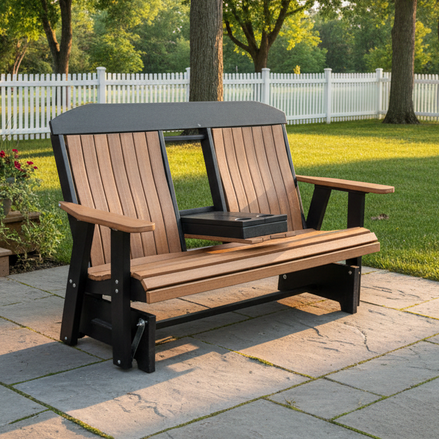 Amish Gateway Bentback 5' Glider With Center Console - Amish Made Lumbar Support 5' Glider Bench - Tangent Poly