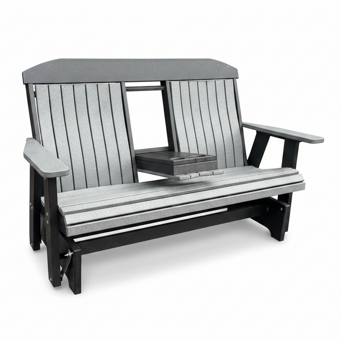 Amish Gateway Bentback 5' Glider With Center Console - Amish Made Lumbar Support 5' Glider Bench - Tangent Poly