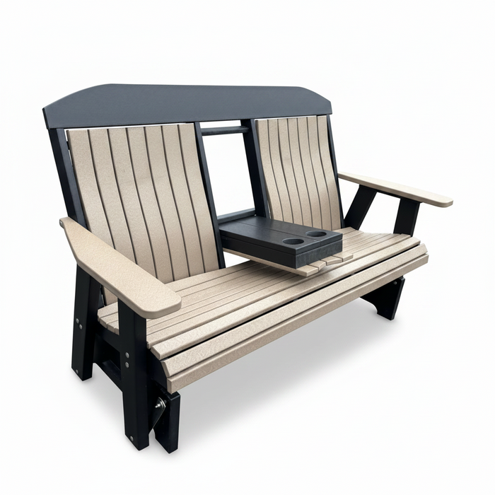 Amish Gateway Bentback 5' Glider With Center Console - Amish Made Lumbar Support 5' Glider Bench - Tangent Poly