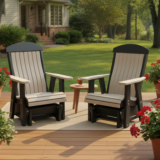 Amish Gateway Bentback Glider - Weatherwood on Black - On Patio Photo - Tangent Poly - Lumbar Support Amish Glider