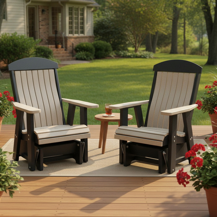 Amish Gateway Bentback Glider - Weatherwood on Black - On Patio Photo - Tangent Poly - Lumbar Support Amish Glider
