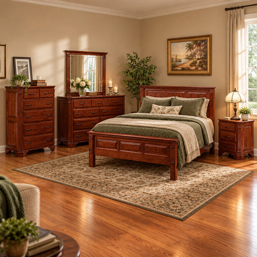 Amish Georgian 5-pc. Traditional Cherry Bedroom Set - Etched Fancy Amish Bedroom Set - Solid Cherry Bedroom Set - In-Room Photo