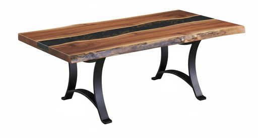 Amish Golden Gate Epoxy River Rock Table - Live Edge Amish Table - Live Edge Epoxy River - Rustic Walnut Live Edge - Powder Coated Metal Base