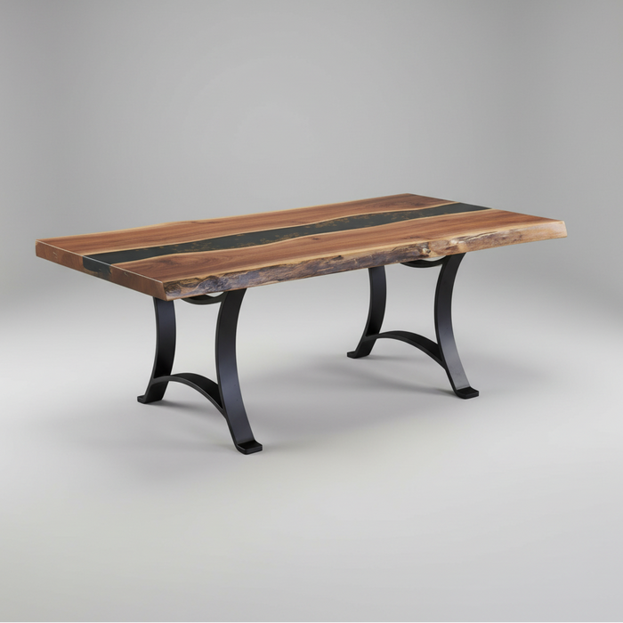 Amish Golden Gate Epoxy River Rock Table - Live Edge Amish Table - Live Edge Epoxy River - Rustic Walnut Live Edge - Powder Coated Metal Base