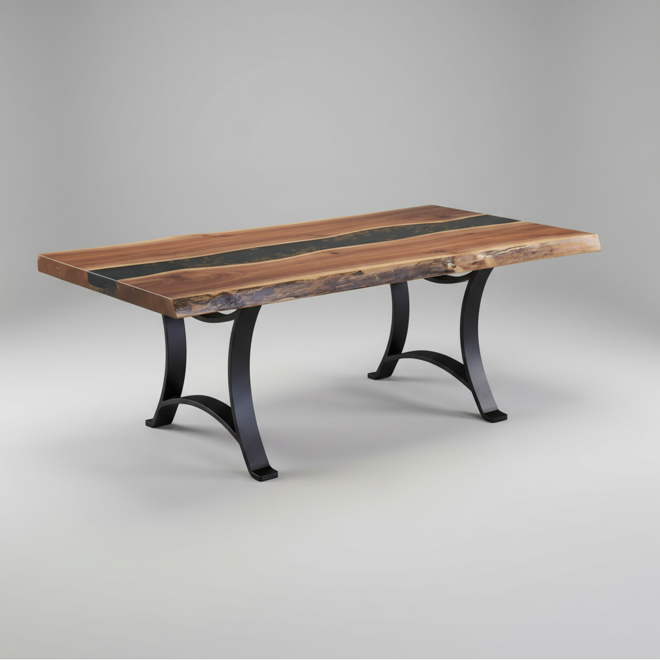 Amish Golden Gate Epoxy River Rock Table - Live Edge Amish Table - Live Edge Epoxy River - Rustic Walnut Live Edge - Powder Coated Metal Base