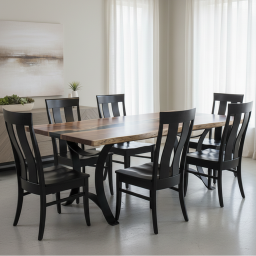 Amish Golden Gate River Rock Live Edge Dining Table - Avalon Dining Chairs - Solid Walnut - Epoxy River - Powder Coated Metal Base