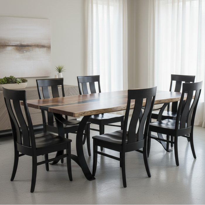 Amish Golden Gate River Rock Live Edge Dining Table - Avalon Dining Chairs - Solid Walnut - Epoxy River - Powder Coated Metal Base