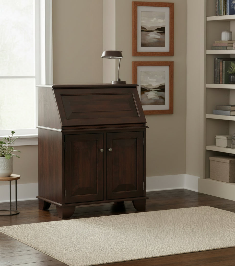 Amish Graham Mini Secretary Desk
Drop Front Lid with 3 Small Drawers and 1 Adjustable Shelf. 
Standard as Shown, but can be reversed for SAME cost.
Hole in Back of Hutch for Electrical Cords
1 Adjustable Shelf Behind Bottom Doors