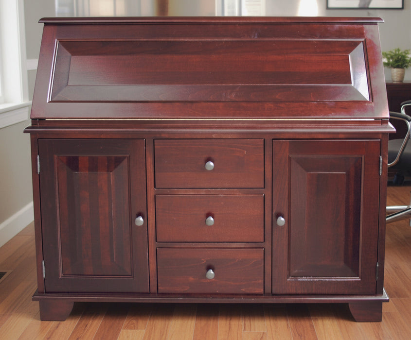 Amish Graham Secretary Desk
Drop Front Lid with 3 Small Drawers on Each End and 1 Adjustable Shelf in Center
Hole in Back of Hutch for Electrical Cords
3 Center Full Extension Drawers
1 Adjustable Shelf Behind Each Bottom Door 