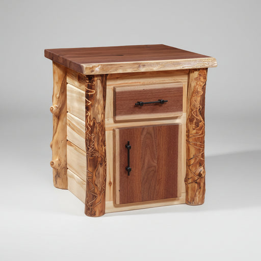 Amish Grand Teton 1 Drawer  1 Door Nightstand Aspen Log with Walnut Live Edge Log Cabin Nightstand