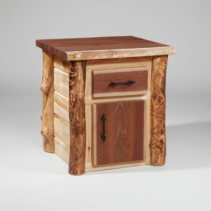 Amish Grand Teton 1 Drawer  1 Door Nightstand Aspen Log with Walnut Live Edge Log Cabin Nightstand
