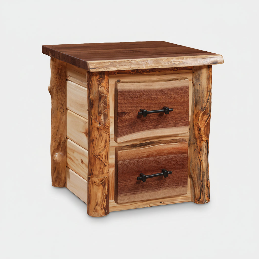 Amish Grand Teton 2 Drawer Nightstand Aspen Log with Walnut Live Edge Log Cabin Nightstand