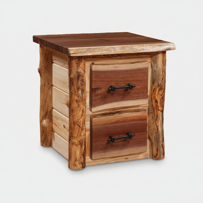 Amish Grand Teton 2 Drawer Nightstand Aspen Log with Walnut Live Edge Log Cabin Nightstand