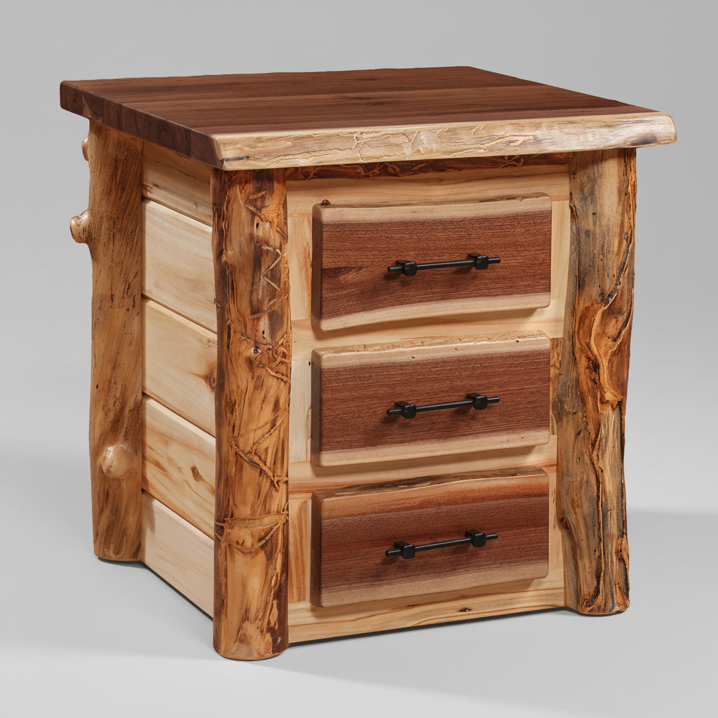 Amish Grand Teton 3 Drawer Nightstand Aspen Log with Walnut Live Edge Log Cabin Nightstand
