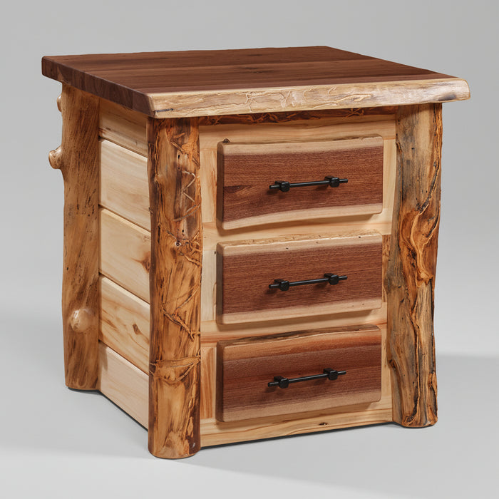 Amish Grand Teton 3 Drawer Nightstand Aspen Log with Walnut Live Edge Log Cabin Nightstand