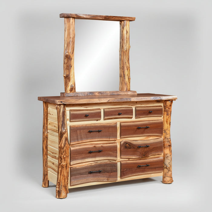 Amish Grand Teton Dresser with Mirror Aspen Log Walnut Live Edge Top Modern Log Bedroom Furniture