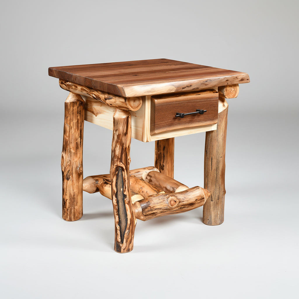 Amish Grand Teton Open Nightstand Aspen Log with Walnut Live Edge Log Cabin Nightstand