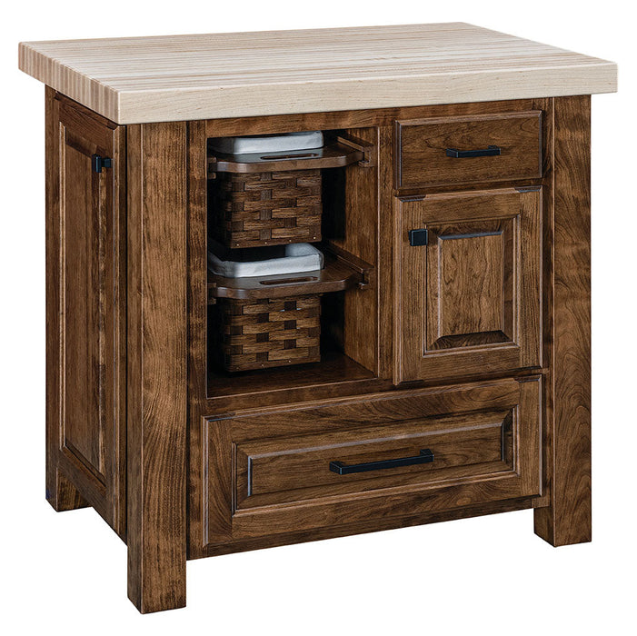 Amish Granny's Choice Kitchen Island - Spice Rack, Basket Pullout Out, Hard Maple Butcher Block, Knife Block Drawer - Blank Photo