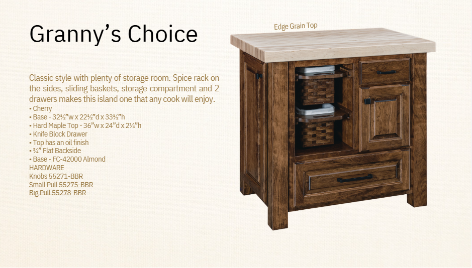Amish Granny's Choice Kitchen Island - Spice Rack, Basket Pullout Out, Hard Maple Butcher Block, Knife Block Drawer - Catalog Photo