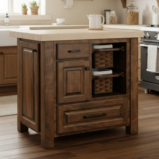 Amish Granny's Choice Kitchen Island - Spice Rack, Basket Pullout Out, Hard Maple Butcher Block, Knife Block Drawer - In-Home Photo