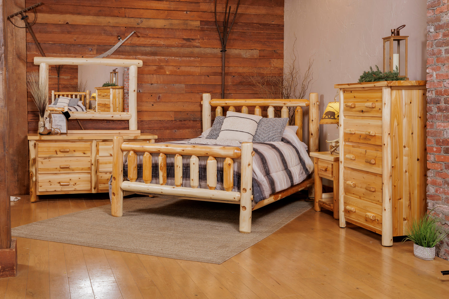 Amish Great Lake White Cedar Log Bedroom Set 5-Pc. - German Peeled White Cedar Log - Set Photo 1