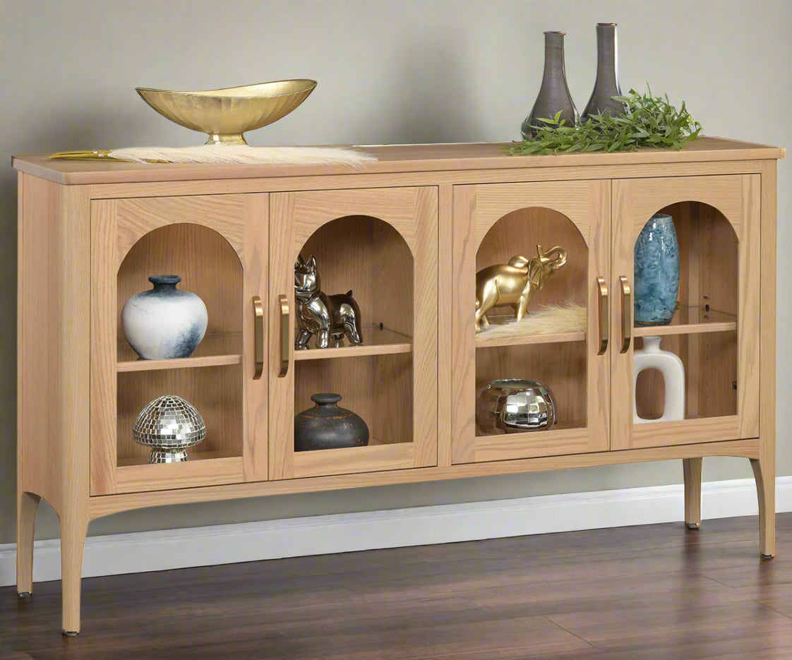 Amish Greyson 4-Door Buffet
Hardware: 484-128160-SBZ
2 Adjustable Glass Shelves w/ Wood Frame
LED Touch Lights
Glass Pane in Door