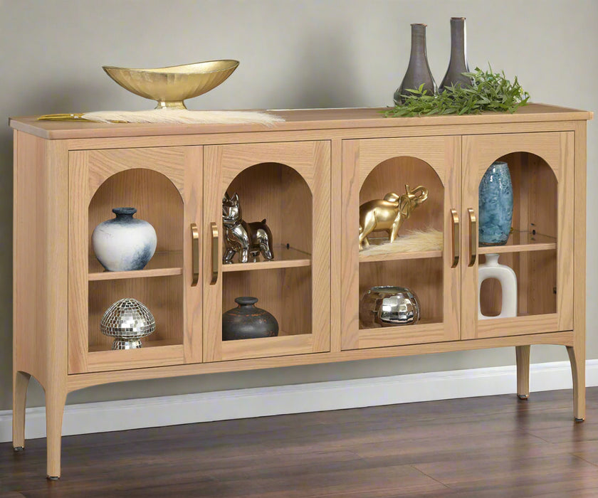 Amish Greyson 4-Door Buffet
Hardware: 484-128160-SBZ
2 Adjustable Glass Shelves w/ Wood Frame
LED Touch Lights
Glass Pane in Door