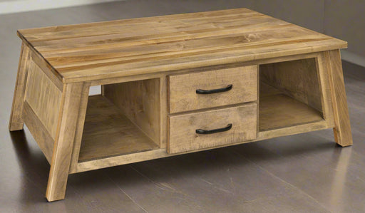 Amish Hamilton Coffee Table
1" Thick Top: 48" Wide x 30" Deep
Side Shelves: 10.25" Wide x 28" Deep x 11" High
Solid Wood Construction
Soft Close Drawers on Both Sides