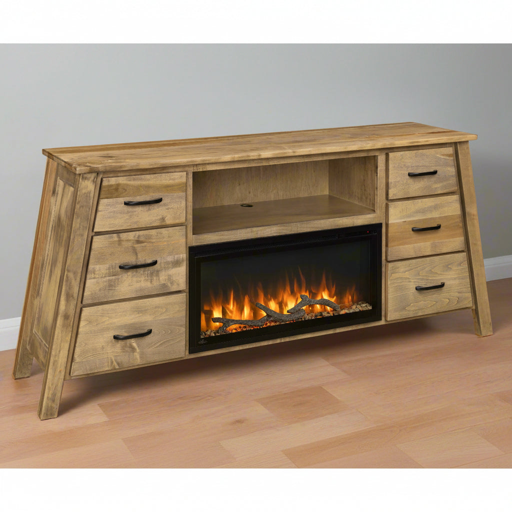 Amish Hamilton Fireplace Mantel
 1" Thick Top: 74" Wide x 18" Deep
- Top Shelf: 34.75" Wide x 16" Deep x 10" High
- Solid Wood Construction
- Soft Close Drawers
- Thermostat Controlled