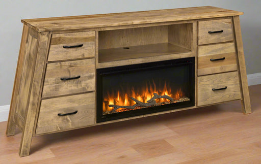 Amish Hamilton Fireplace Mantel
 1" Thick Top: 74" Wide x 18" Deep
- Top Shelf: 34.75" Wide x 16" Deep x 10" High
- Solid Wood Construction
- Soft Close Drawers
- Thermostat Controlled
